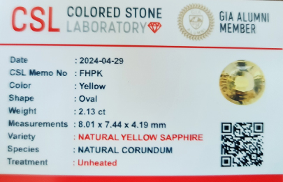 FHPK 2.13 ct oval yellow sapphire