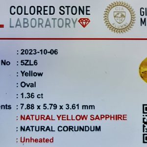 1.36 Carat Oval Yellow Sapphire – Natural, Unheated, Certified Gemstone 2 5ZL6 c