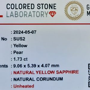 1.73 Carat Pear Yellow Sapphire – Natural, Certified Gemstone 2 SUS2 c